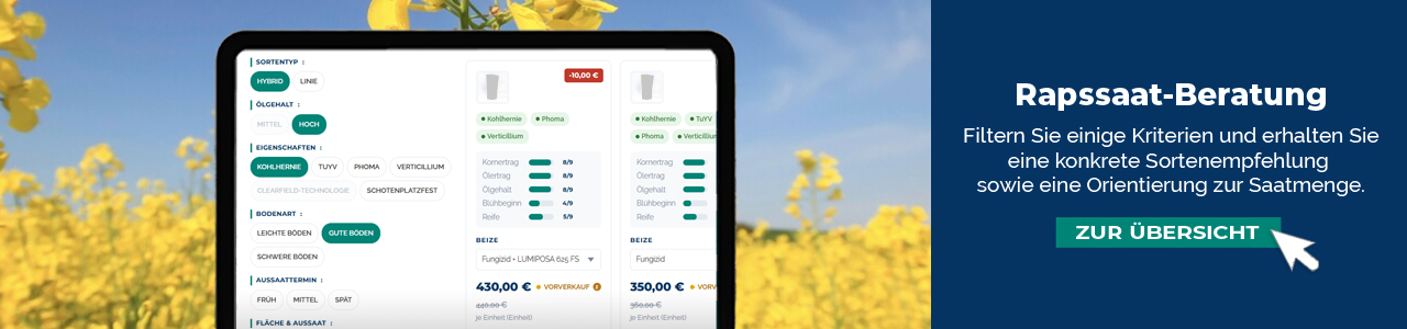 Rapssaatgut bei myAGRAR online kaufen! Zudem können Sie unser gesamtes Sortiment im Raps-Berater entdecken. Rapssaatgut bei myAGRAR online kaufen! Zudem können Sie unser gesamtes Sortiment im Raps-Berater entdecken.